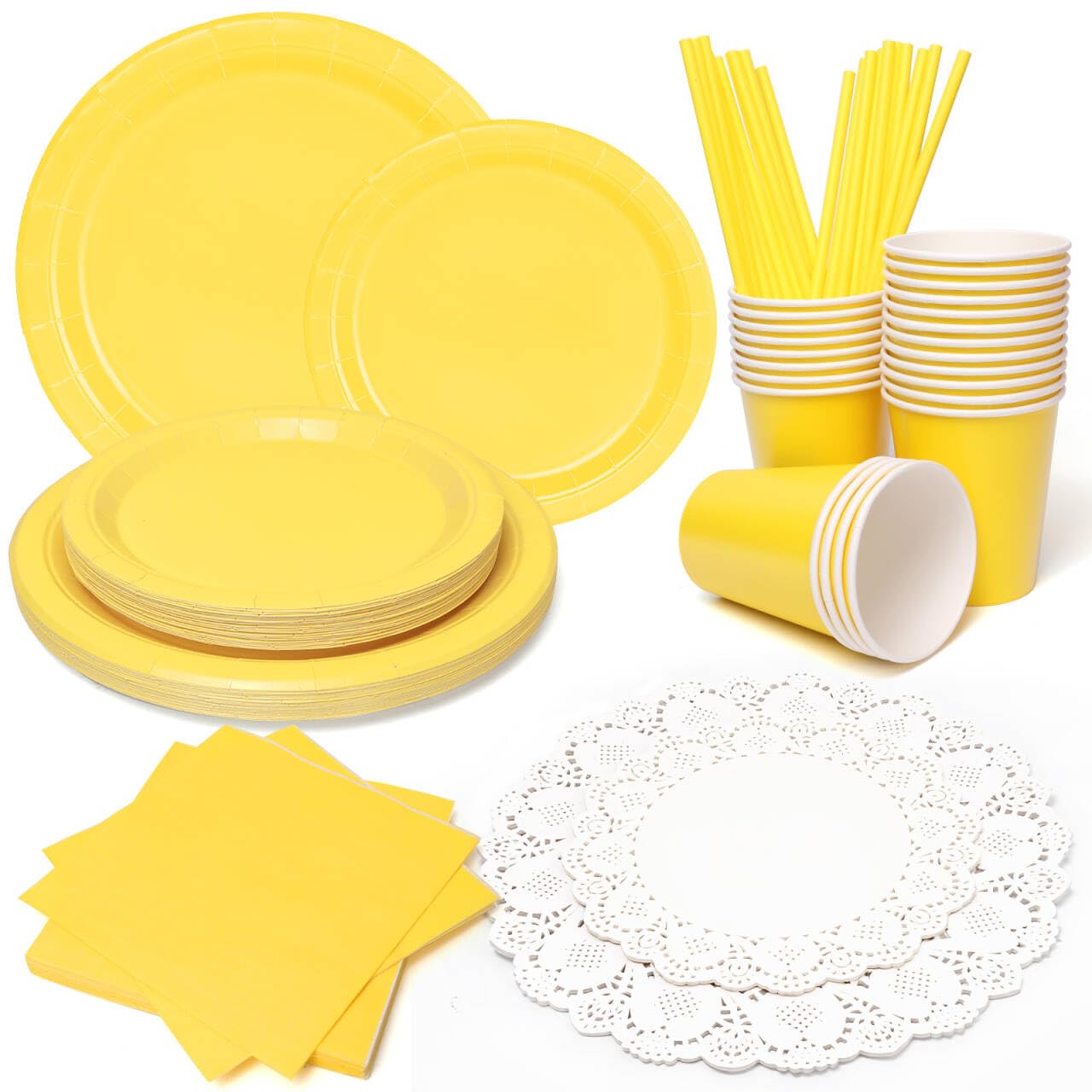 PARTY GO 170PC Yellow Paper Plates Cups Napkins Straw, Paper Doilies