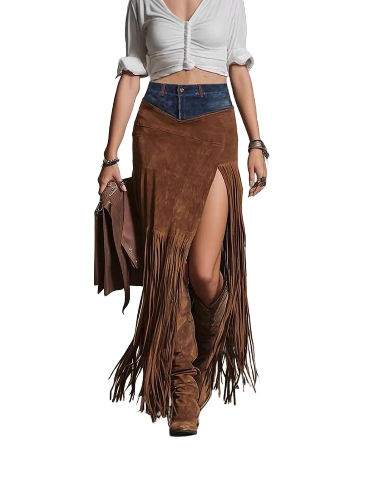 Women's Denim and Suede Splice Skirt Retro Western Style Fringe and Irregular Design L
