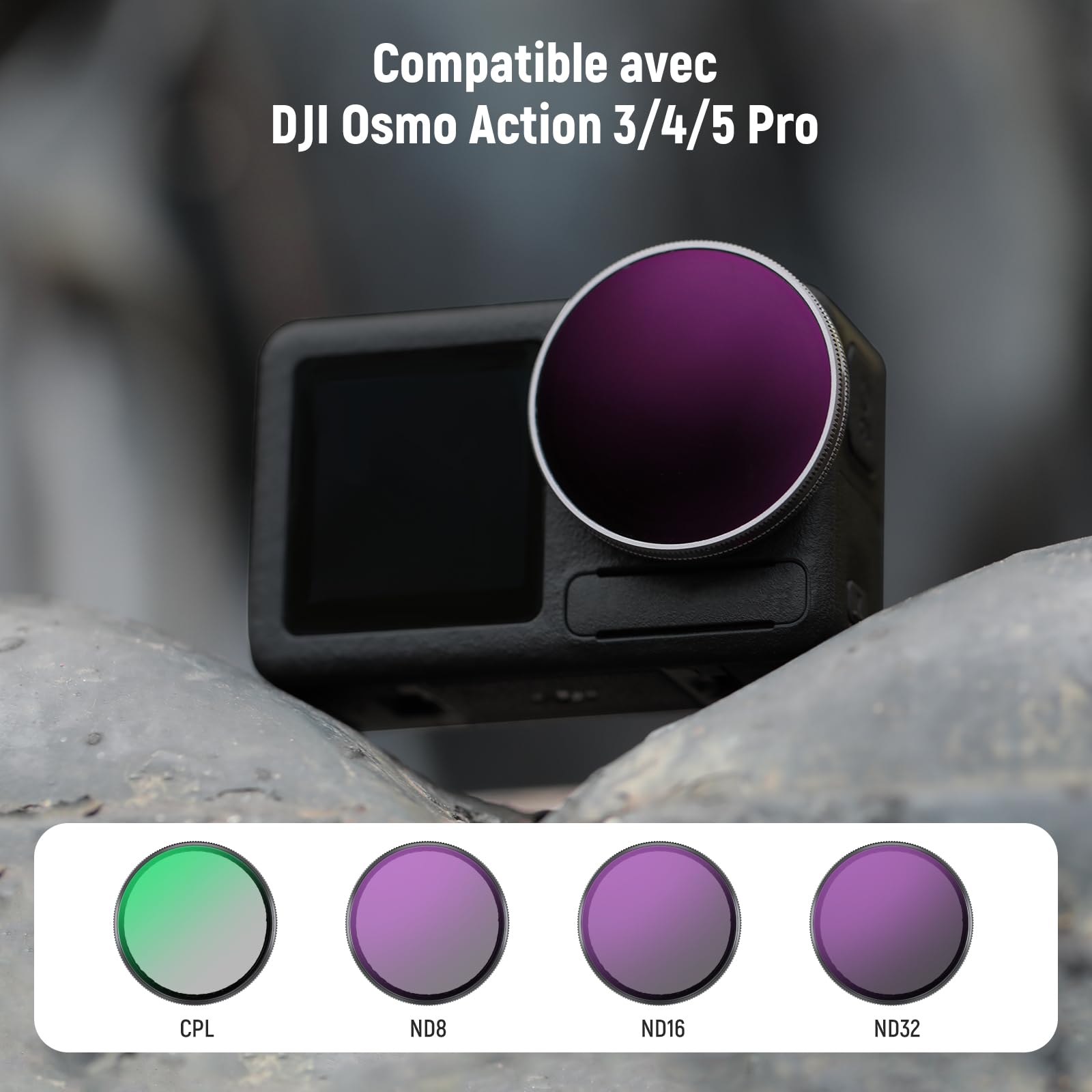 NEEWER Kit de filtres ND à clipser compatible avec DJI Osmo Action 5 Pro/4/3, 4 Pack(ND8 + ND16 + ND32 + CPL). Se fixent sur le cache d'objectif en verre d'origine.Non compatible avec Osmo Nano,FL-A76