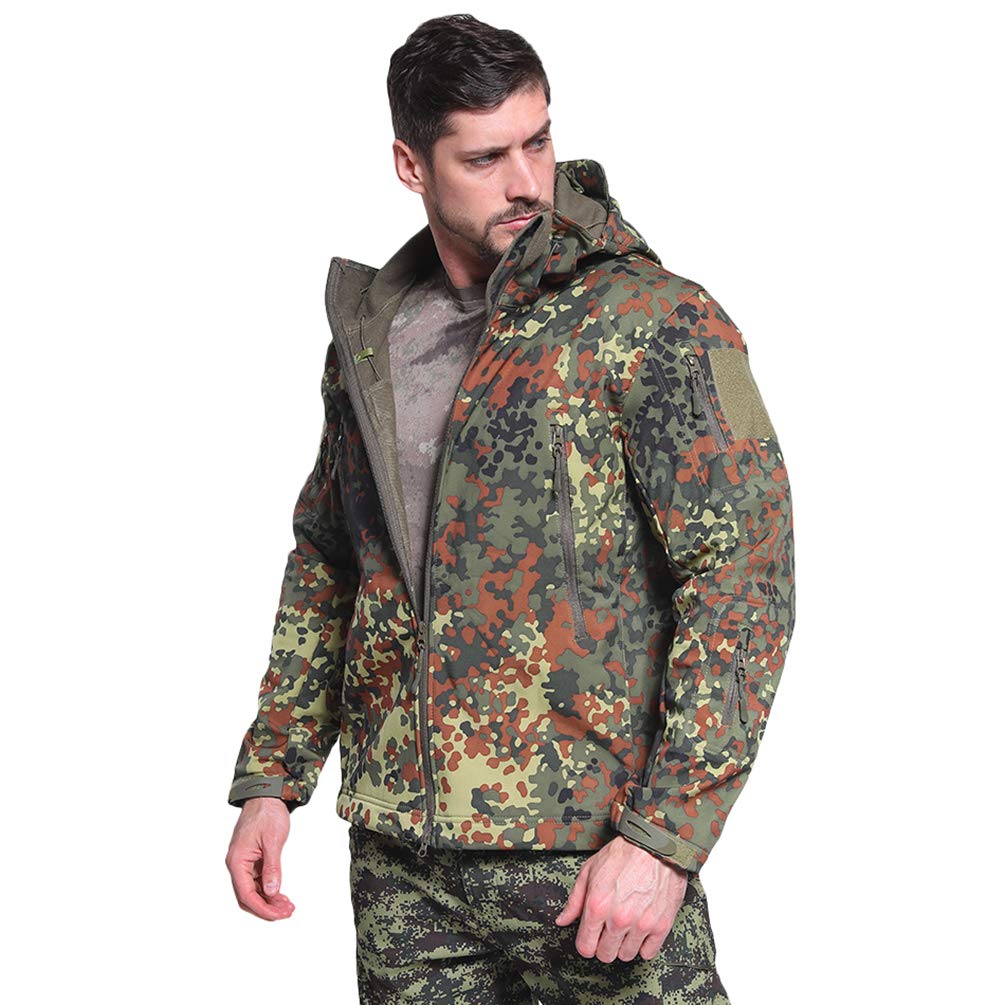 Uomo Tattico Mimetiche Giacche Impermeabile Softshell Fodera in Pile Giubbino Autunno Inverno Outdoor Trekking Caccia Alpinismo Antipioggia Cappotti con Cappuccio Tedesco Camo XL