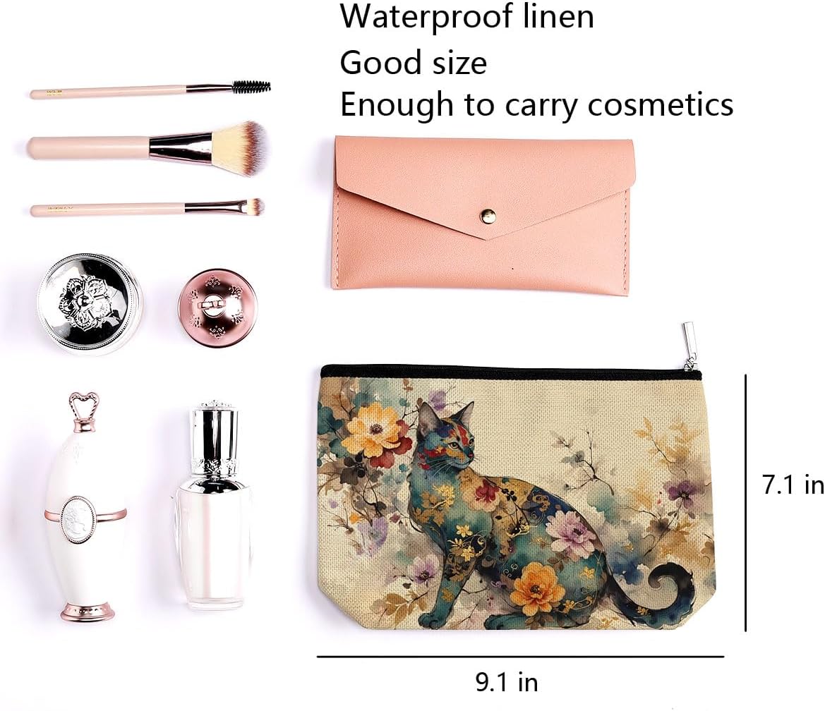 Vibrant Floral Cat Cosmetic Bag Cat Lover Gifts Small Makeup Bag Travel Toiletry Makeup Organizer Zipper Pouch Christmas Thanksgiving Birthday Gifts for Women Girls Friend Sister - Image 2