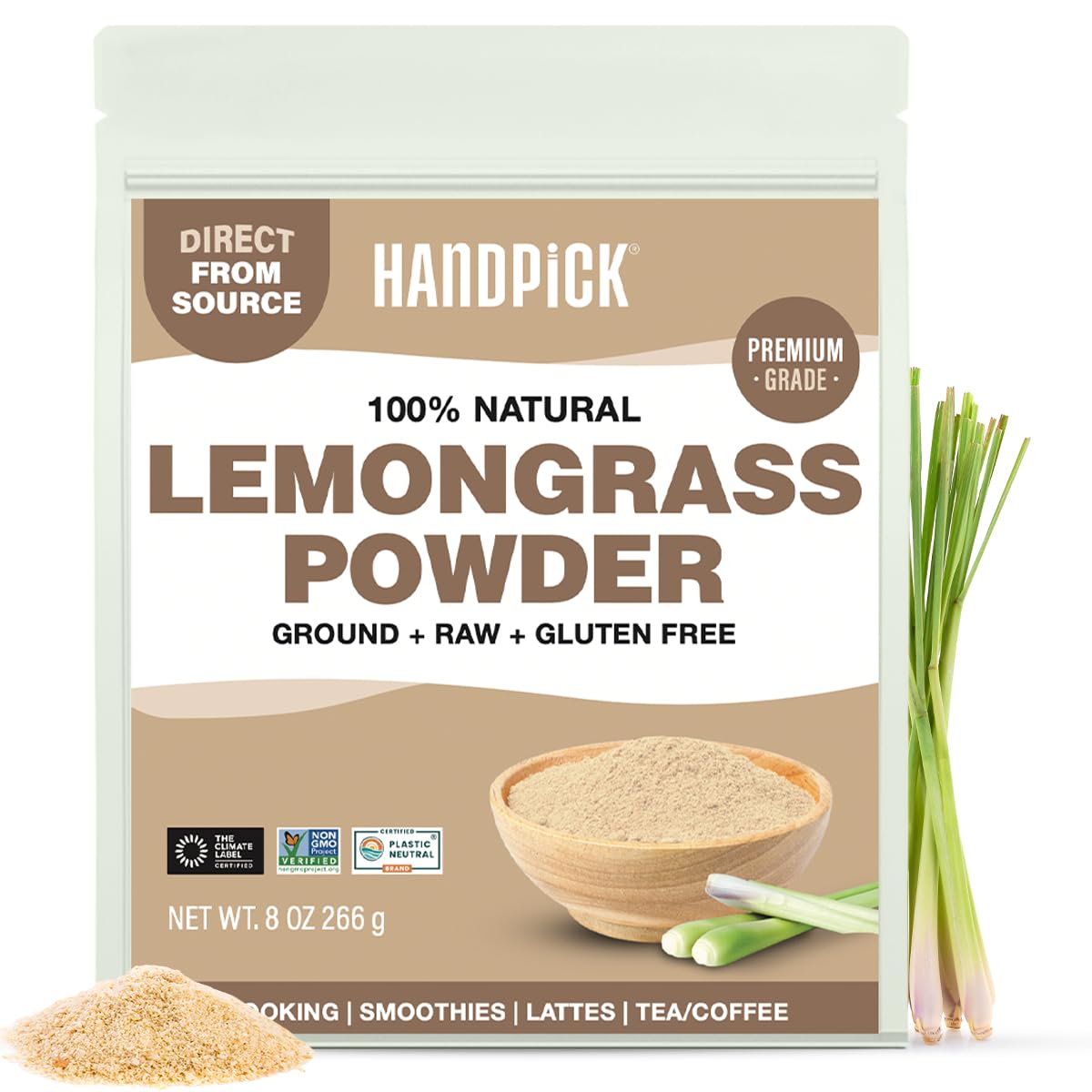 HANDPICK SPICE TRAIN Lemongrass Powder (226g/8oz) Non GMO, Gluten Free, 100% Raw, Sourced from India, For Cooking, Smoothies, Tea, Packed in Resealable Ziplock Pouch