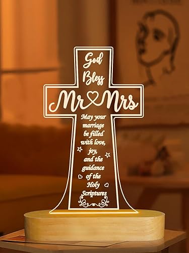 Ammonite Regalos de boda, luz nocturna de madera con cruz, lámpara de decoración para marido y esposa, boda, compromiso, aniversario, día de San