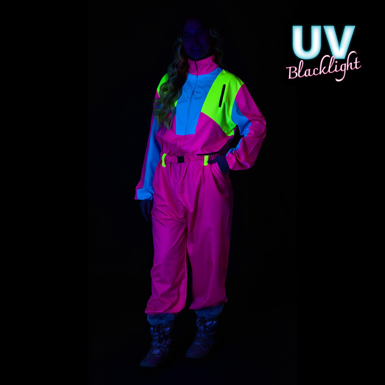 Boland – Combinaison de ski rétro rose, brille sous la lumière noire, costume des années 80 pour femmes, tenue pour soirée après-ski, combinaison pour costumes de carnaval