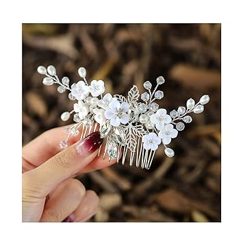 Campsis Wedding Bridal Hair Comb Rhinestone Pearl Hair Combs Flower Leaf Tiara Hair Accessory for Women Bride Brideamid Prom Party (Sliver)