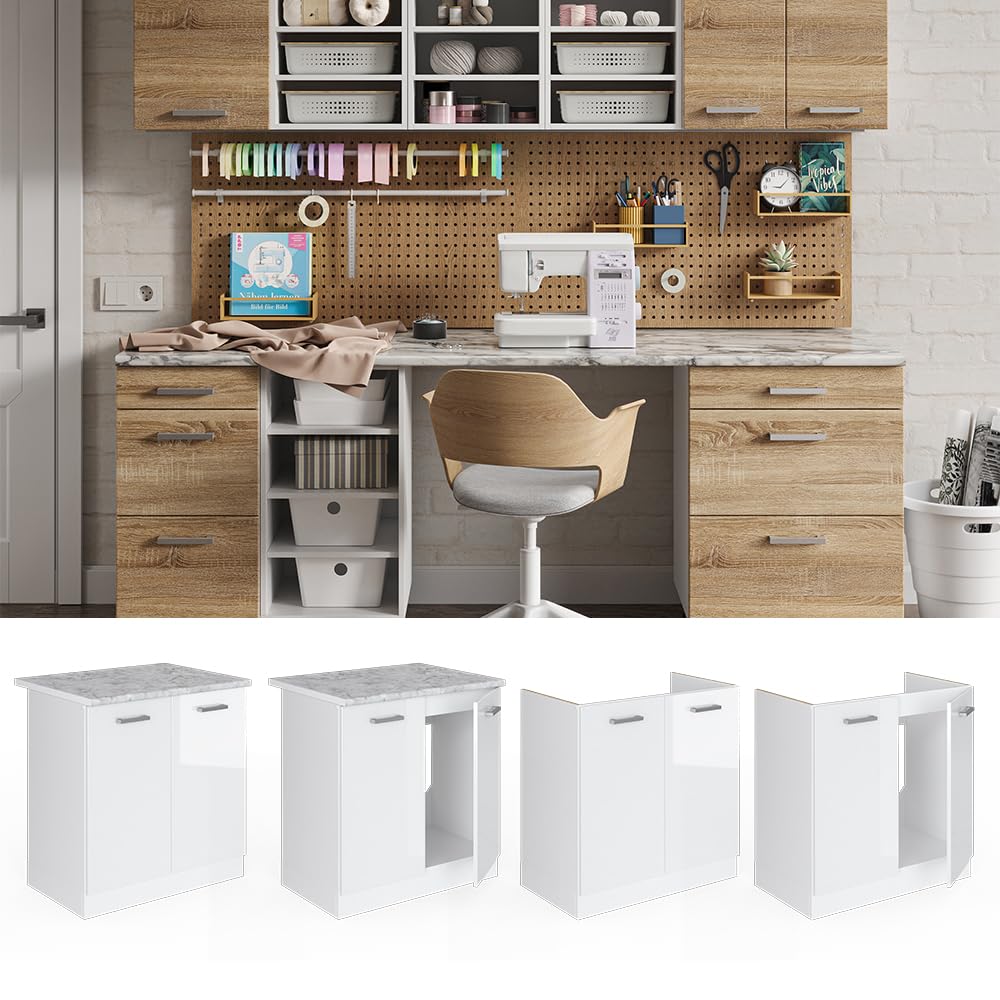 Vicco Meuble Bas pour l'évier R-Line, Blanc Haute Brillance, 80cm | avec portes, sans PT, adapté au montage sous les plans de travail dans les cuisines