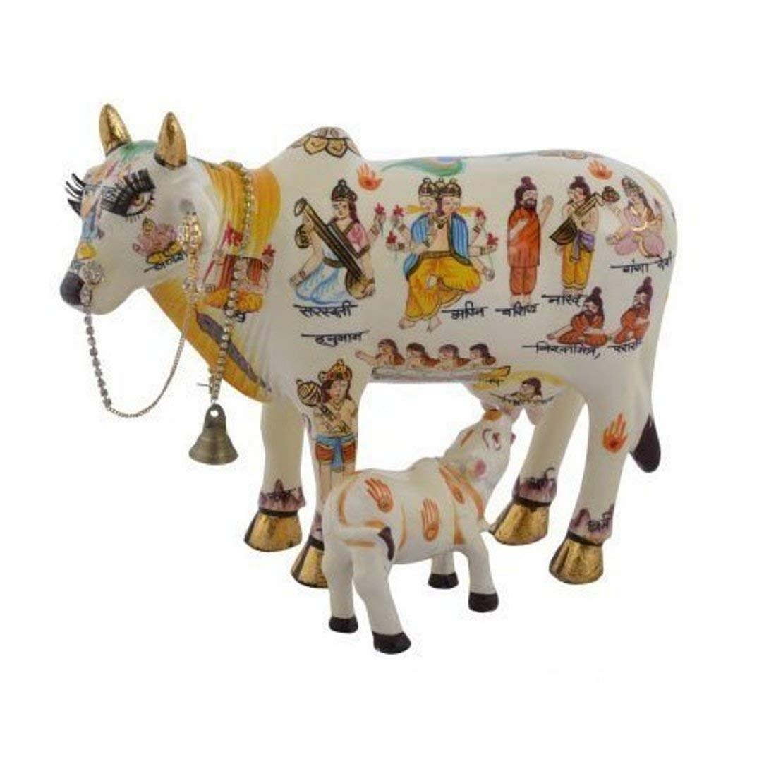 Figurine de vache Kamdhenu sacrée avec son veau, symbole de prospérité et harmonie Feng Shui