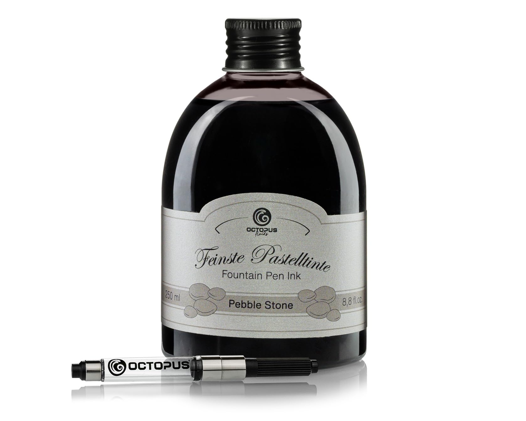Octopus Fluids Fountain Pen Ink in Ink Glass with Converter, Writing Ink for Fountain Pen, Fountain Ink in Pastel Grey Pebble Stone 250 ml