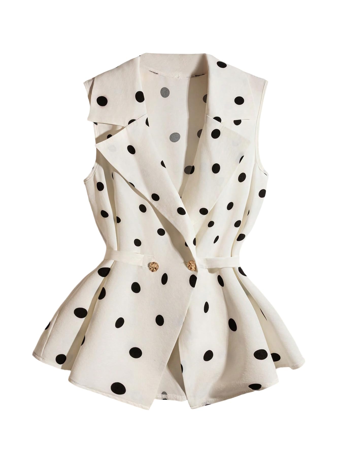 MakeMeChic Womens Polka Dots Belted Blazer Vest Sleeveless Lapel Neck Bussiness Casual Coat