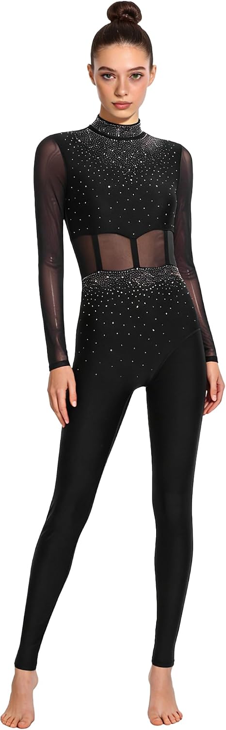 Shinsto Women's Rhinestone Gymnastics Unitard Long Sleeve Sheer Mesh Patchwork Ice Skating Jumpsuit