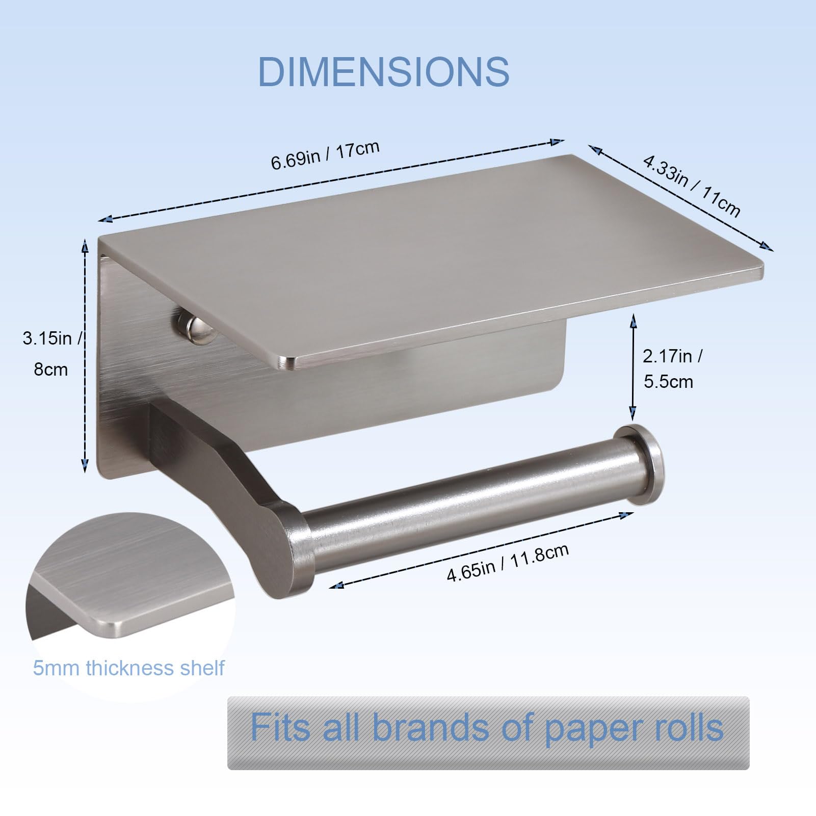 Portarrollos de papel higiénico con estante, adhesivo o tornillo, soporte para rollo de papel higiénico comercial de aluminio sólido inoxidable con almacenamiento, níquel cepillado