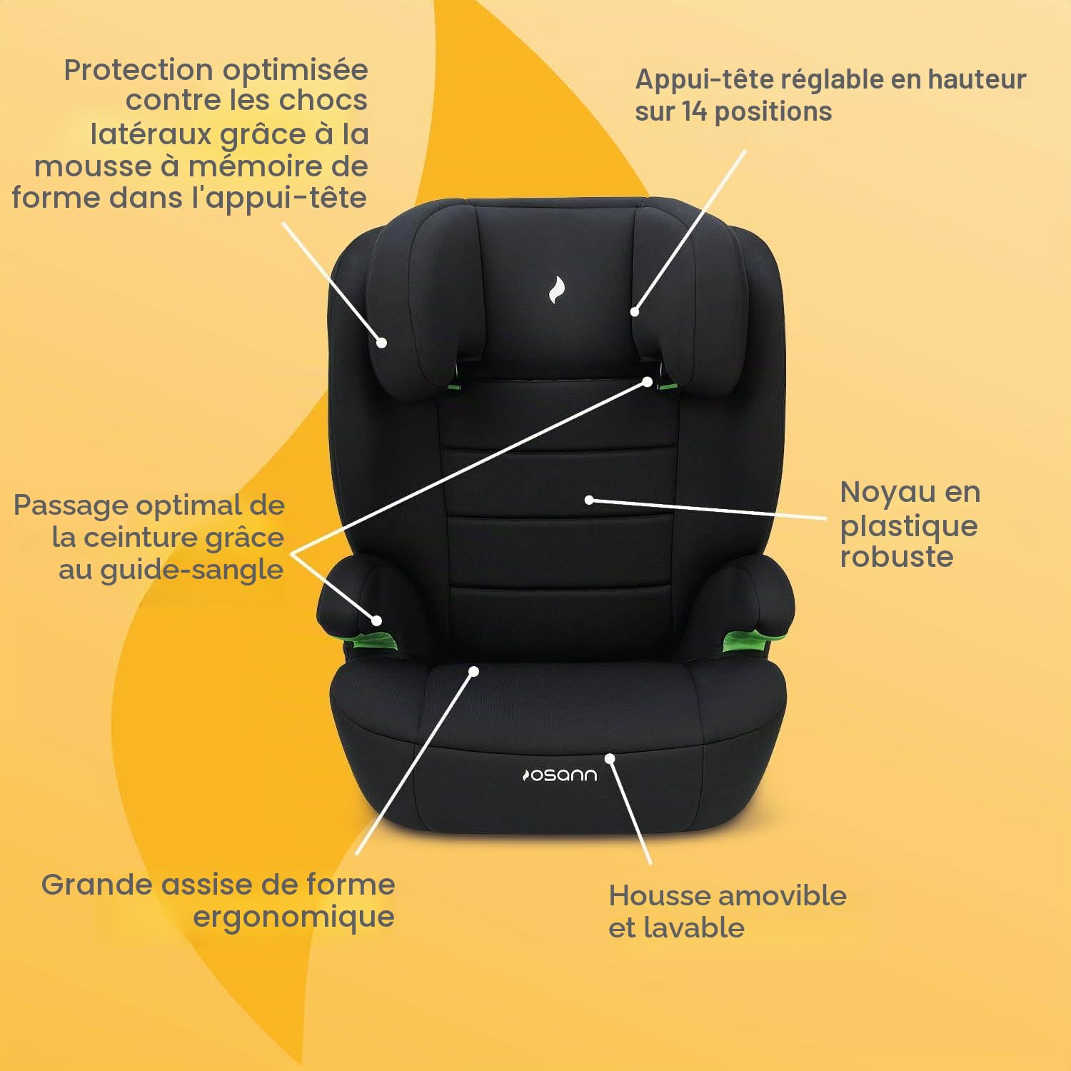 OSANN - Siège auto bébé/enfant Musca I-Size 100-150 cm - noir - 14 positions, Ceinture 3 points, Face à la route