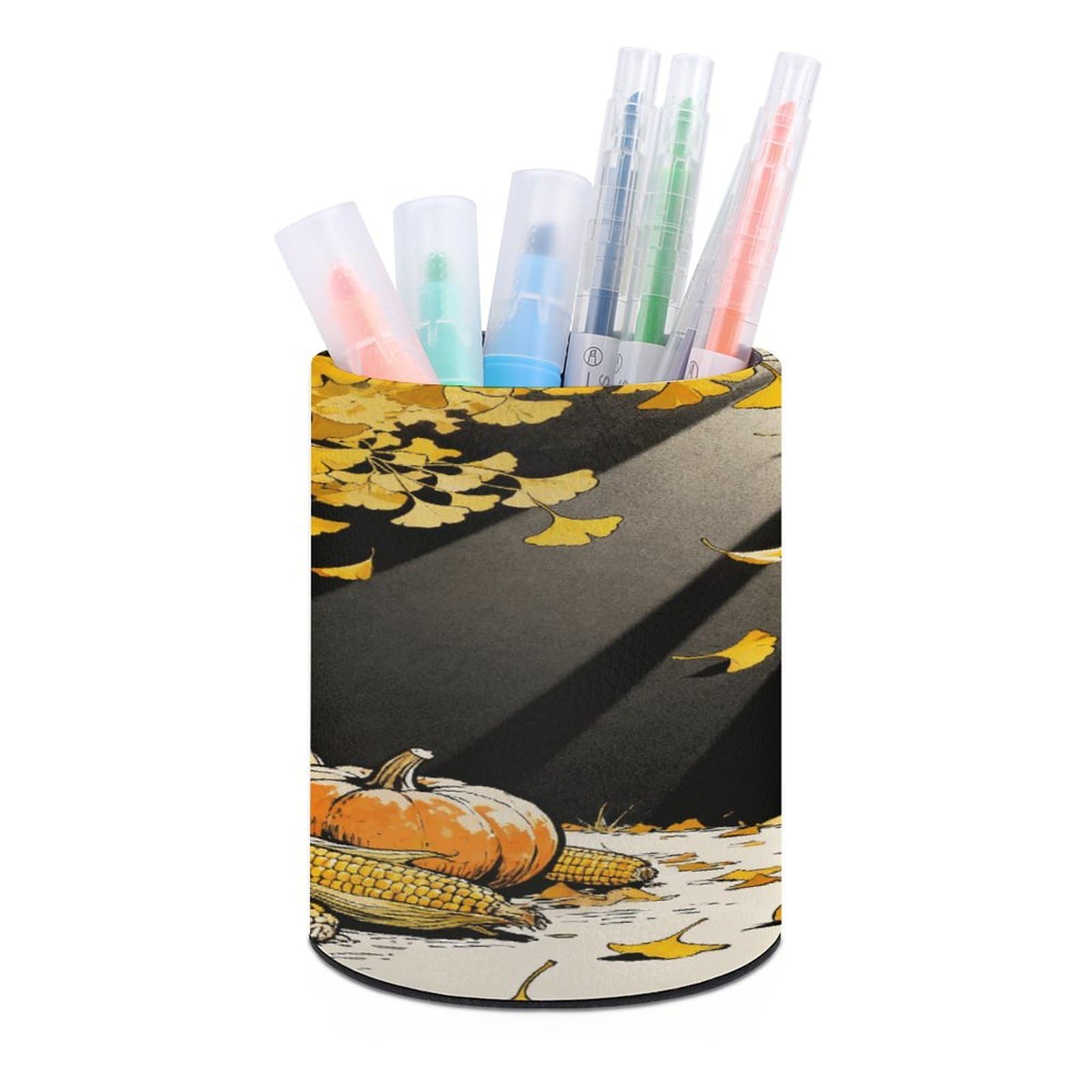 Autumn Pen Holder Multi-Functional Round Pencil Holder Cute Office Decoration Pen Cups Simple Design PU Leather Paintbrush Cups for Home Office Desk