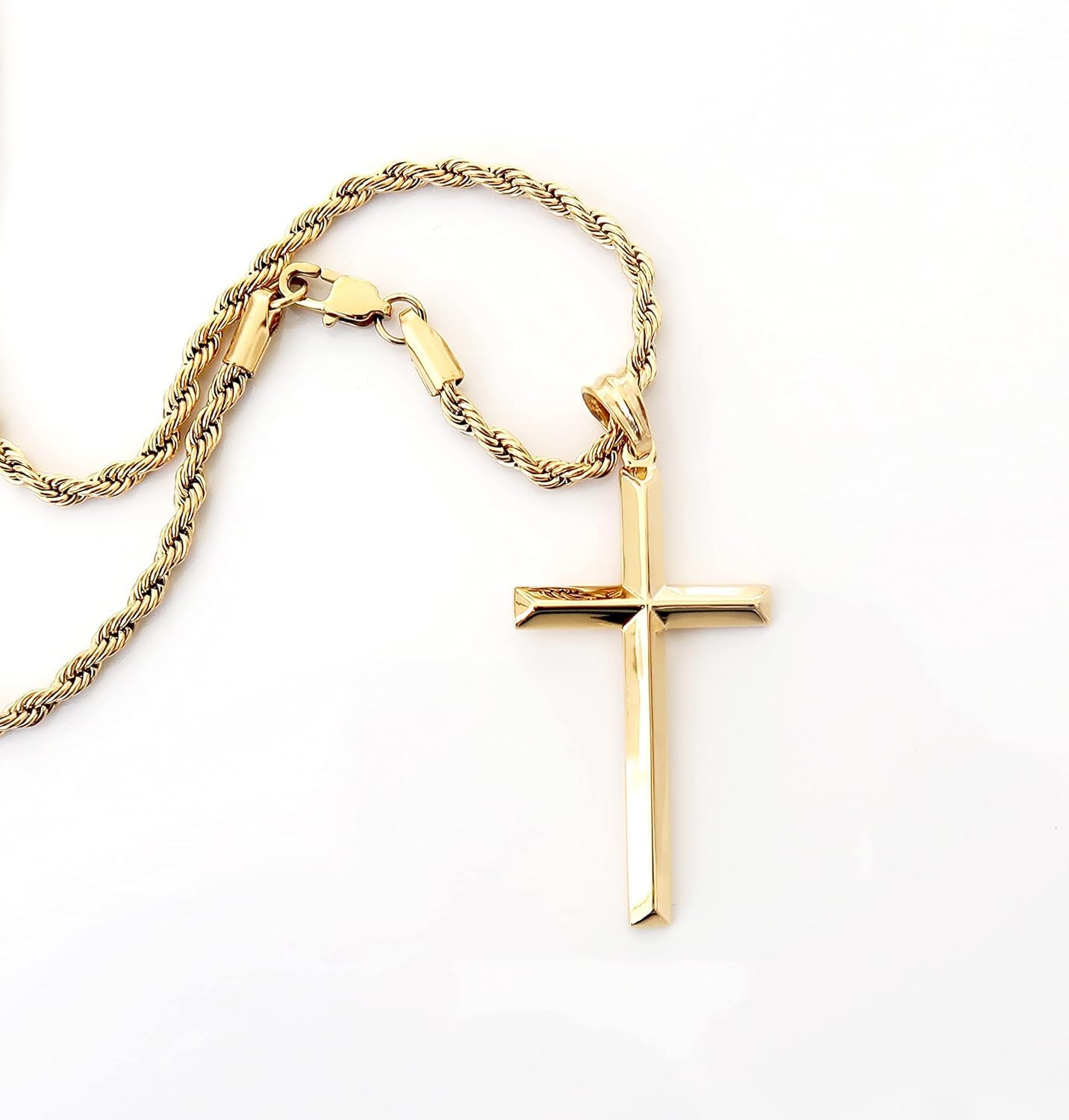 Collar con colgante de cruz de oro de 18 quilates para hombres y mujeres, cadena cubana de cuerda de 3 mm con cierre sólido realmente fuerte, regalo para marido, esposa, bordes