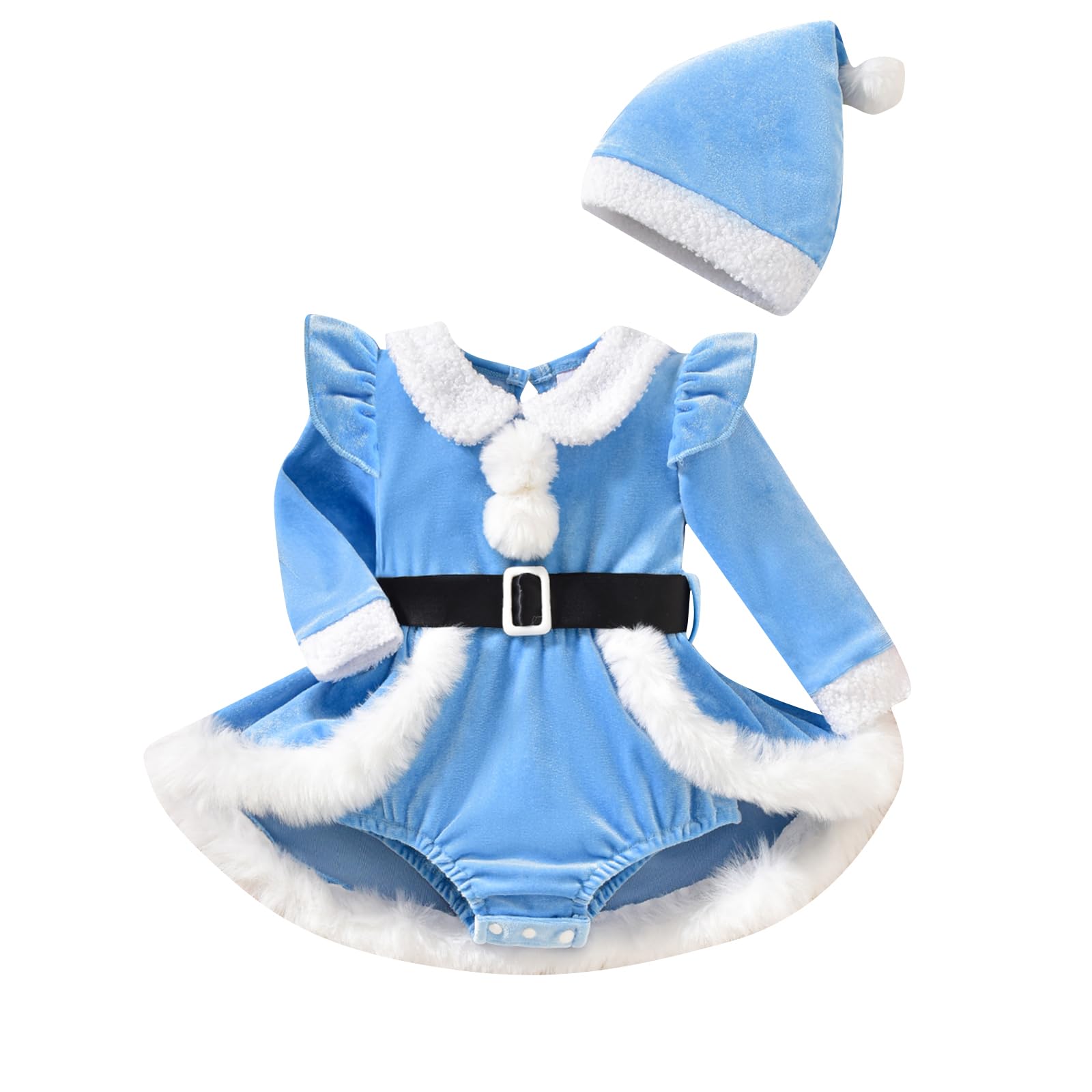 Springcmy Baby Girls Christmas Romper Dress Long Sleeve Terry Trim Red Velvet Jumpsuit with Santa Hat Infant Xmas Outfit (A-Blue, 9-12 Months)
