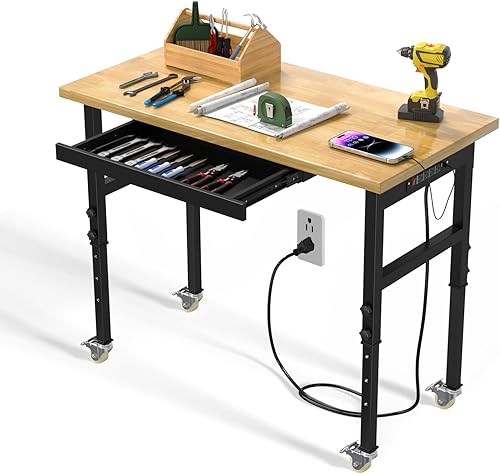 Miniatura 8 de Banco de trabajo ajustable de 48 pulgadas, banco de trabajo de 4 alturas con ruedas y tomas de corriente, mesa de trabajo resistente de 2000 libras,