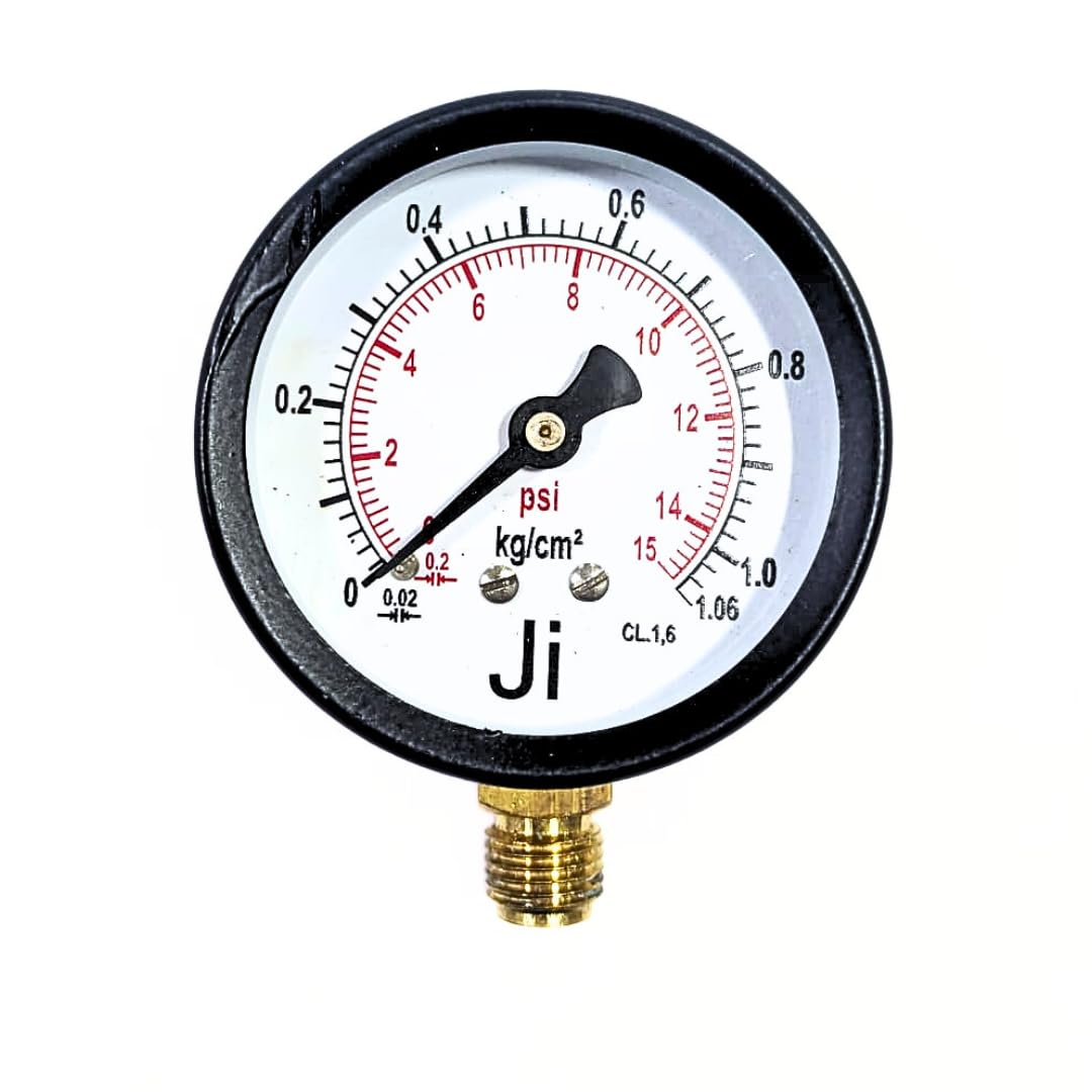 "Ji" Japsin Instrumentation Commercial Pressure Gauge, Dial Size 2 1/2", Range 0 to 1.06 Kg/Cm2 Dual Scale of 15 PSI, Direct Mounting Bottom Entry, 1/4" BSP (M) Connection, MS Case & Brass Internals