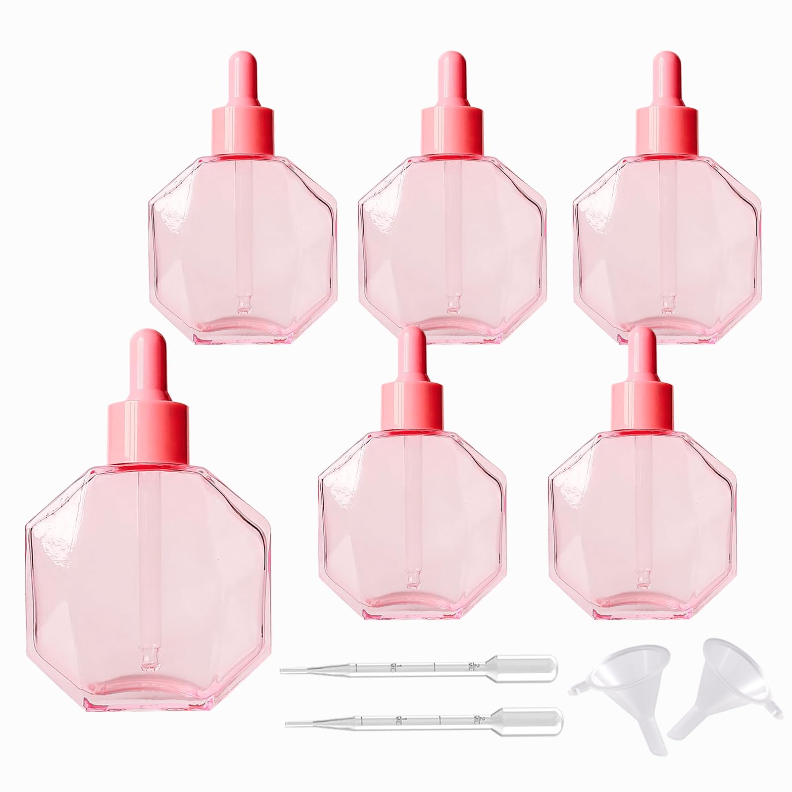 Botellas de vidrio rosa con cuentagotas de 50 ml, 6 botellas de vidrio de diamante con cuentagotas, para aceites esenciales, sueros de perfume, sueros y otros líquidos (-rosa, 50 ml)