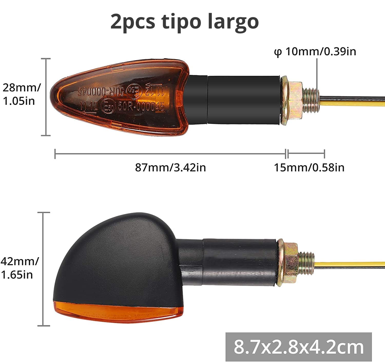 Justech 4PCs 10W Intermitentes para Moto Homologados de E-Marked E50 12V Luces de Señal de Giro Impermeable IP65 de 2 Cortos y 2 Largos Ámbar Bombillas de Indicador para M10 Motocicleta Scooter