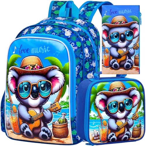 Image of 3Pcs Backpack for Boys, 16 inch Koala Kids Bookbag Set for Elementary Preschool Kindergarten, School Backpacks with Lunch Box(Blue)