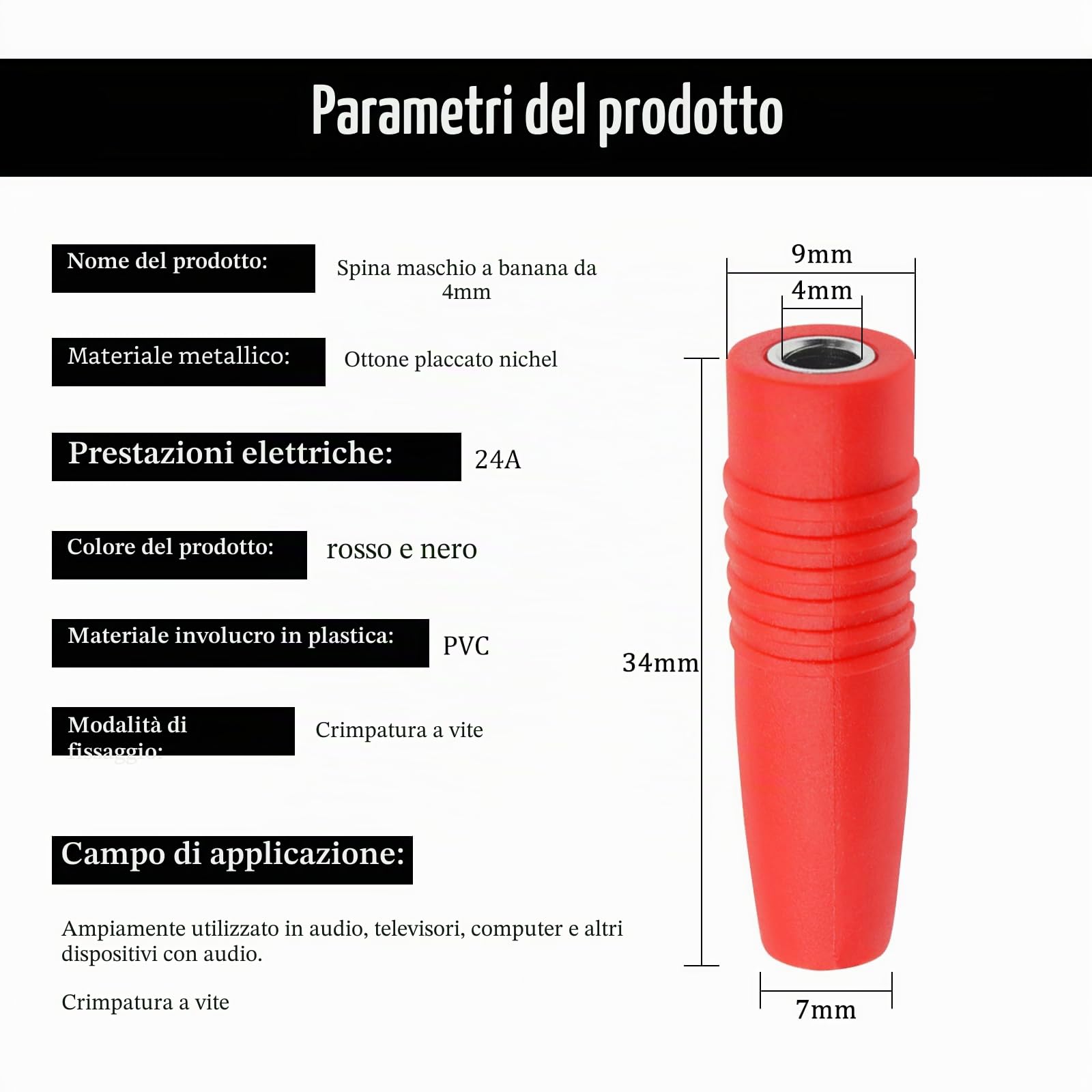 Spina Banana Femmina 4mm Presa Jack Isolata PA Rame per Test Elettrici Rosso Nero 16 Pezzi