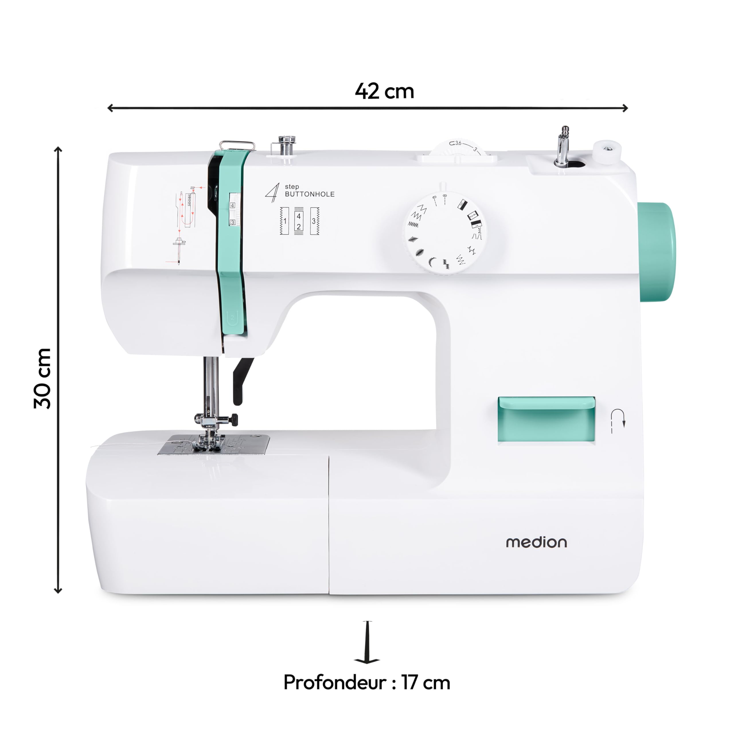 MEDION Machine à coudre SM70 (70 watts, 12 modèles de points différents, lumière de couture LED, longueur de point réglable, bouton d'inversion, coupe-fil, MD11179) turquoise
