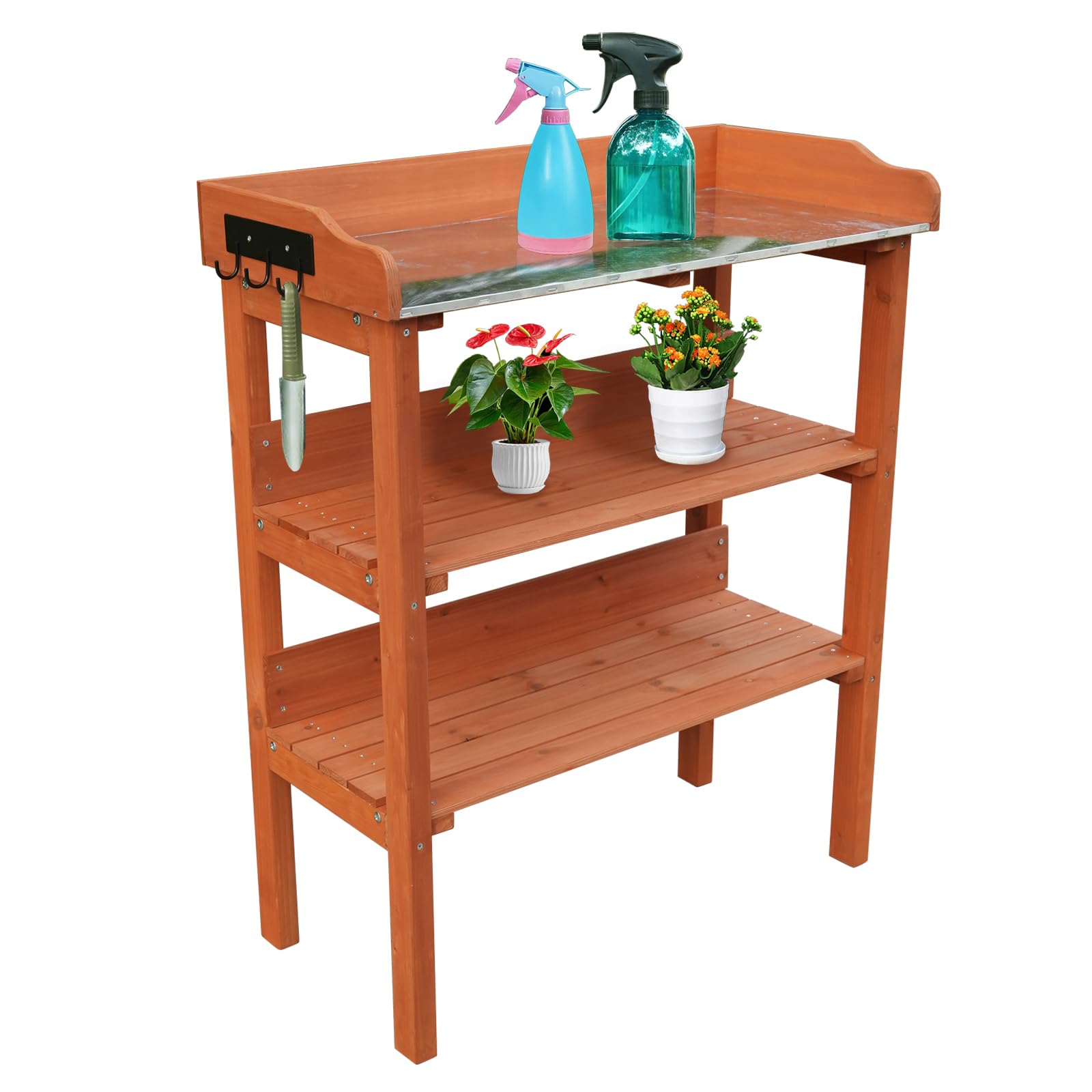 Pflanztisch aus Holz mit 3 Ablagen, Gartentisch mit Metallablage und Werkzeughaken, Orange