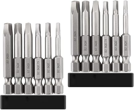 12pcs Square Screwdriver Bits 1/4 Inch Hex Shank Magnetic Square Head Screwdriver Bit Set S2 Steel SQ1, SQ2, SQ2.7, SQ3, SQ4, SQ5, 2 Inch Length