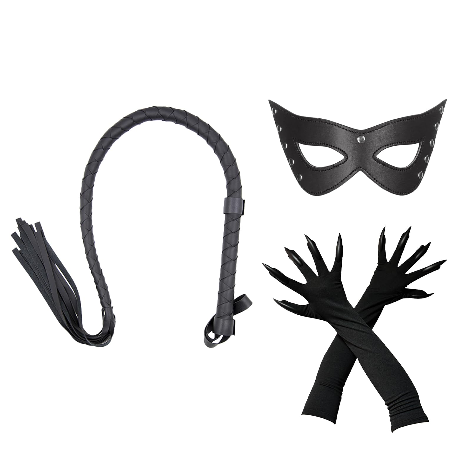 Cat Costume Set for Women Black Cat Half Mask Eye Cover Faux Leather Tail Claw Gloves Cosplay Costume Props Halloween Party Masquerade Accessories