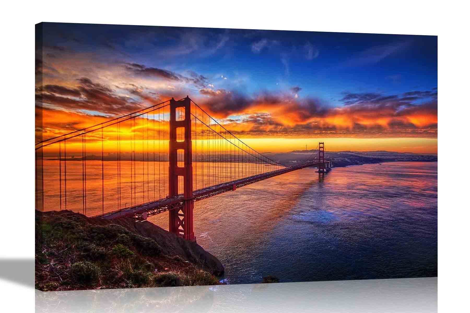 Artley Prints Multicoloured Golden Gate Bridge San Francisco, California Canvas Prints Wall Art Pictures Home Office Decor Framed Posters Ready To Hang Stretched 60 X 40Cm (24 X 16 Inches) A2