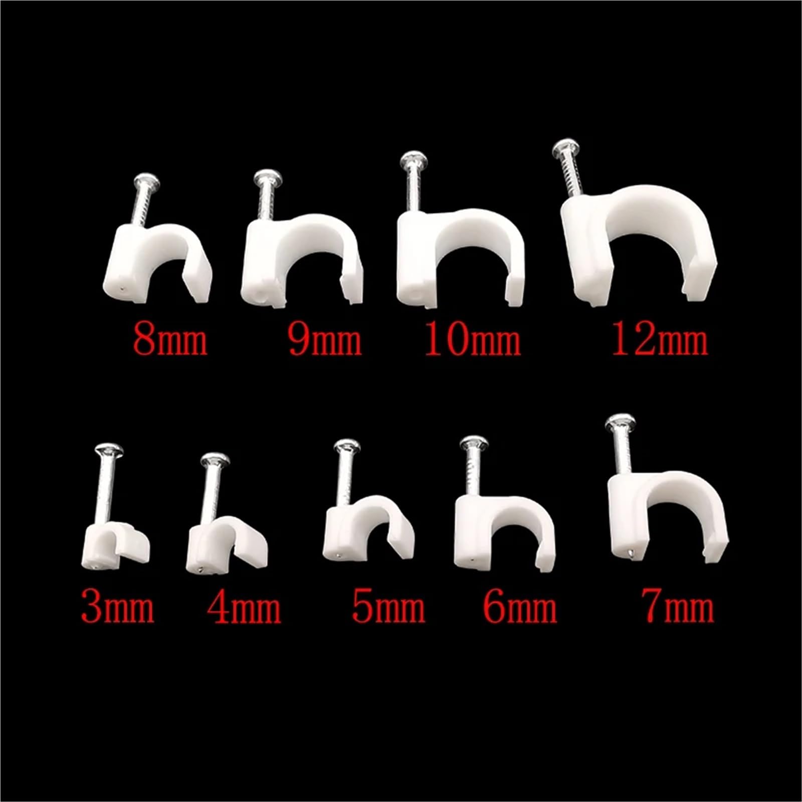 Lot de 500 serre-câbles ronds en plastique - 4/5/6/7 mm - Gestion en forme de C - Pour câbles électriques, supports de fil, pinces en acier, clous en acier fixés