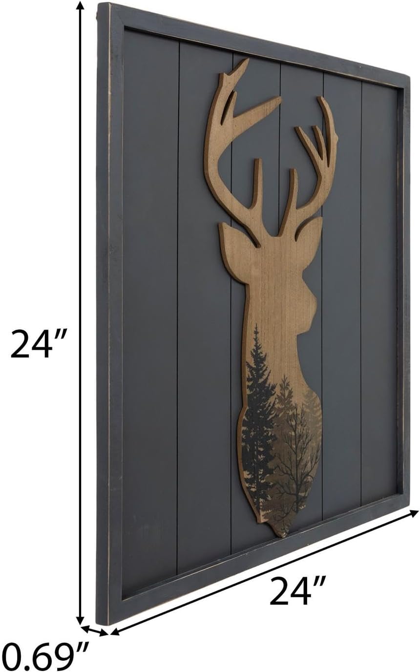 Hobby Lobby Deer Wall Art with Forest Scene, 24 x 24 inch Square Wood Panel, Gray-Blue and Brown, Farmhouse Wall Decor, Cabin, Game Room, Man Cave