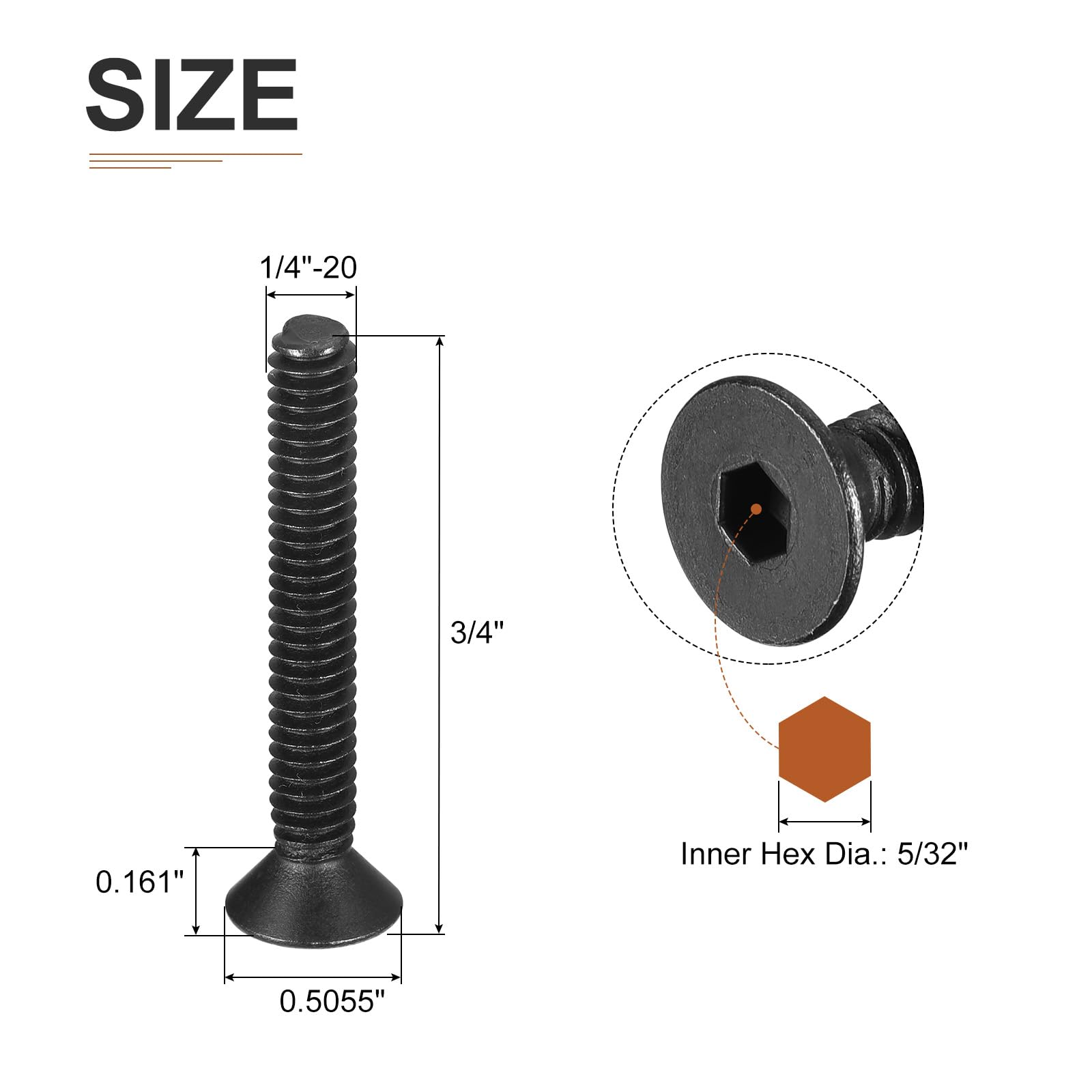 DTGN 1/4-20x3/4" Flat Head Socket Cap Screws, 25 Pack Hex Socket Flat Head Screws Carbon Steel Black Oxide, Full Thread - Image 2