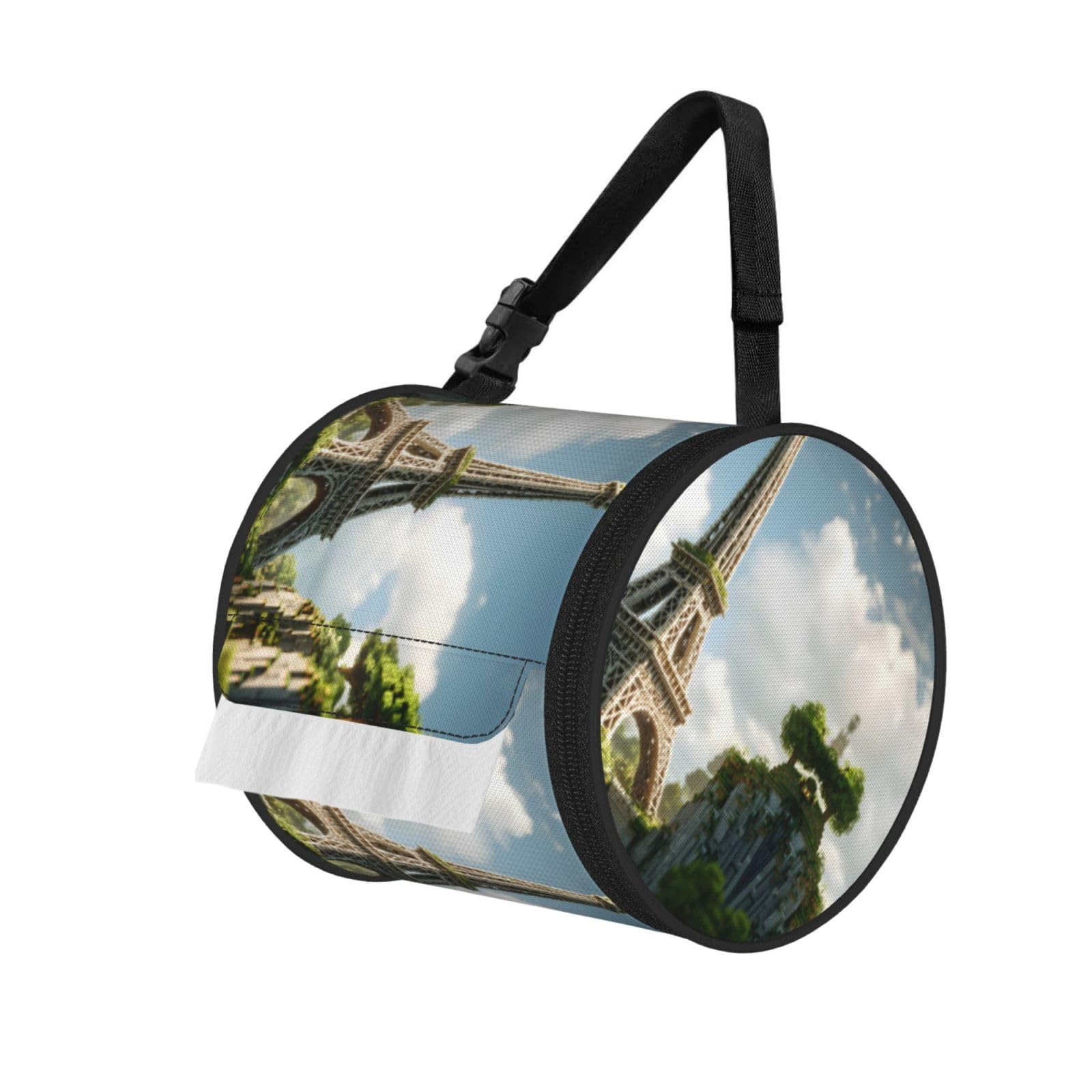 Eiffel Tower Printed Cylindrical Tissue Bag Portable Oxford Cloth, Foldable Travel Tissue Holder With Zipper And Adjustable Belt