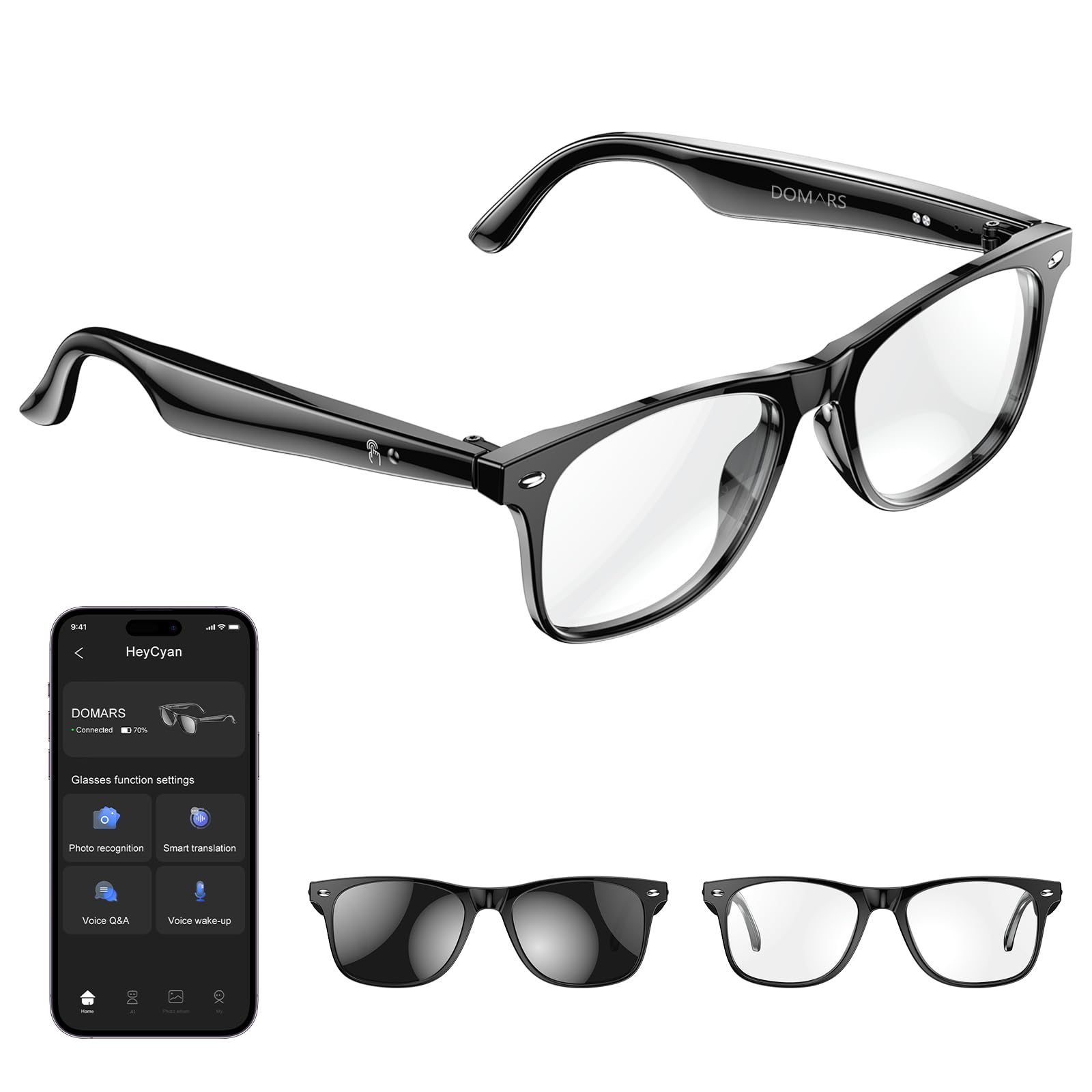 Occhiali intelligenti AI con traduzione in tempo reale in 163 lingue, assistente vocale intelligente, note vocali, servizio fotografico remoto, batteria 10H, IP65, audio a conduzione dell'aria