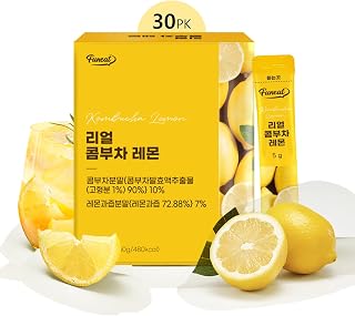 Funeat Real Kombucha Lemon Flavor, Zero Sugar, Sparkling Fermented Powered Mix Beverage from Korea, 30 Sticks, 5 Ounce