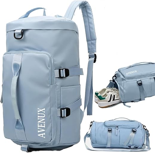AVENUX 44L Polyester Gym Duffel Shoulder Bag for Women Men for Sports, Waterproof Dufflebag with Shoe and Wet Clothes Compartments Travel Backpack Workout Carry On Weekender (Light Blue)