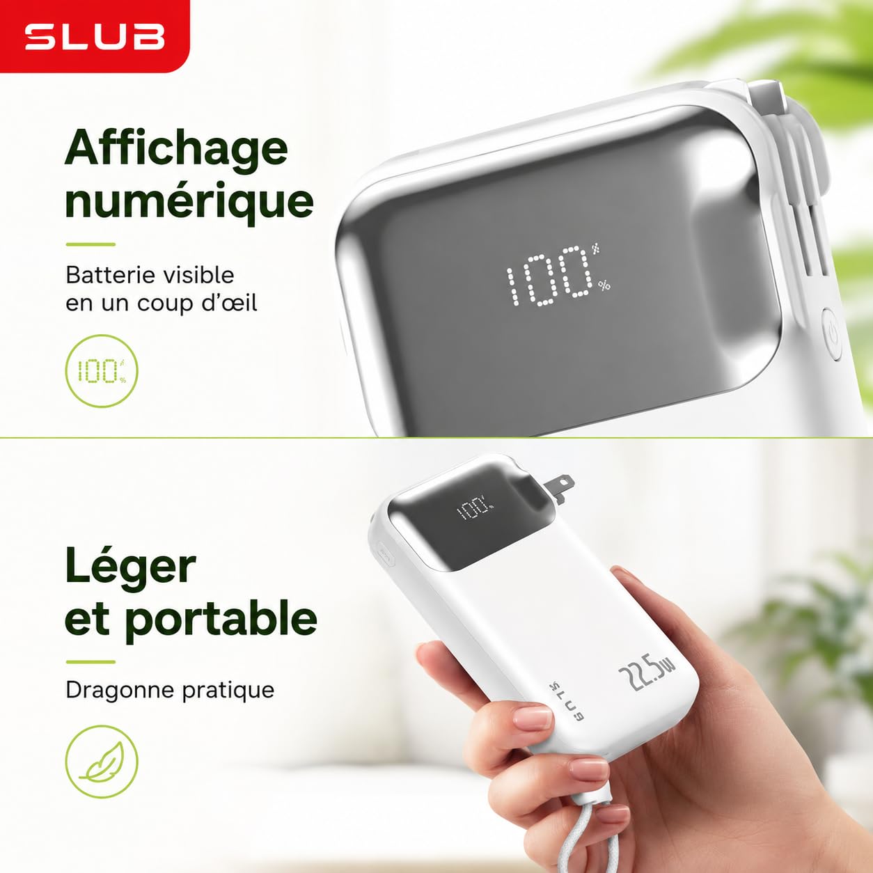 SLUB Batterie Externe 10000mAh 22,5W, Chargeur Portable Compact