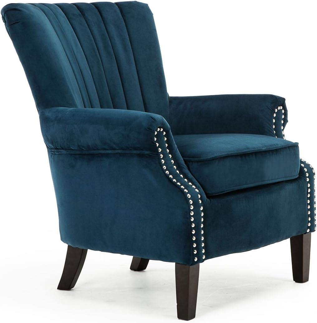 OLENKA VELVET WING BACK OCCASIONAL BEDROOM LIVING ROOM ACCENT CHAIR FABRIC ARMCHAIR (Midnight Blue, Velvet)
