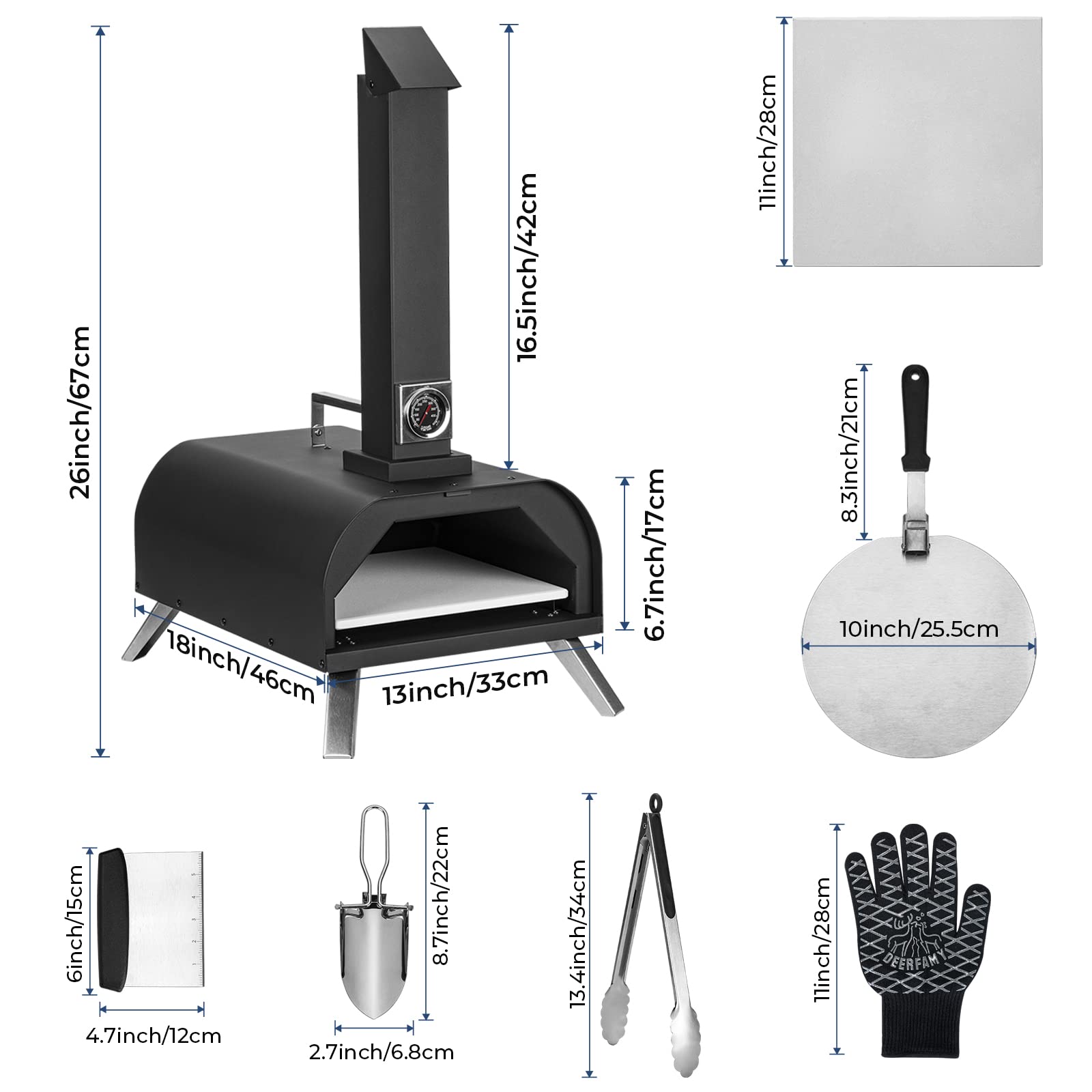 DEERFAMY Four à pizza portable pour granulés de bois et copeaux avec thermomètre, pieds pliables, cheminée amovible, jusqu'à 400 °C