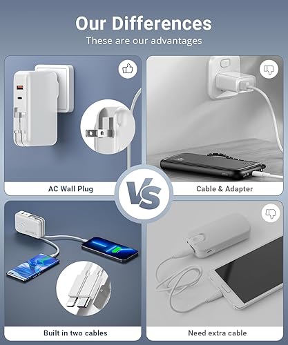 Miniatura 4 de QiSa Cargador portátil, banco de energía, banco de energía de 16000 mAh, enchufe de pared de CA integrado y cables, PD 30 W y QC4.0 cargador rápido