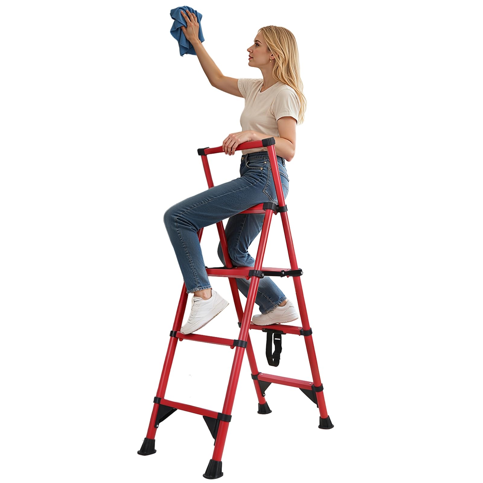 Step Ladder 4 Step, Aluminum Folding Step Stool with with Air Cushion & Anti-Slip Feet, Lightweight Stepladders for High Closet, 150KG Household 4 Steps Ladder