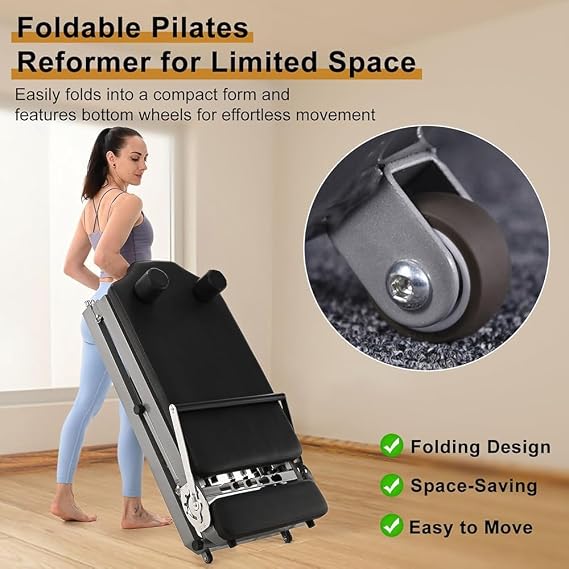 Foldable Pilates Reformer, Home Pilates Reformer Machine with 5 Metal Resistance Springs, Maximum Tension 150 lbs Pilates Equipment Exerciser for Home Workout and Gym
