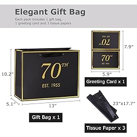 momoake 70th Birthday Gift Bag with Card and Tissue Paper for Men Women, 1955 70 Year Old 13 Elegant Black Gold Anniversary Keepsake Party Present Shopping Paper Bags for Gifts Wrapping