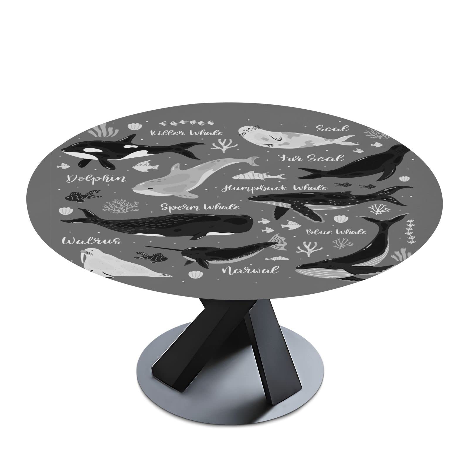 Marine Dolphin Killer Whale Narwhal Walrus Ocean Undersea Water Round Tablecloth with Elastic Edge, Washable Waterproof Table Cover Desk Cloth for Dining Indoor & Outdoor 40