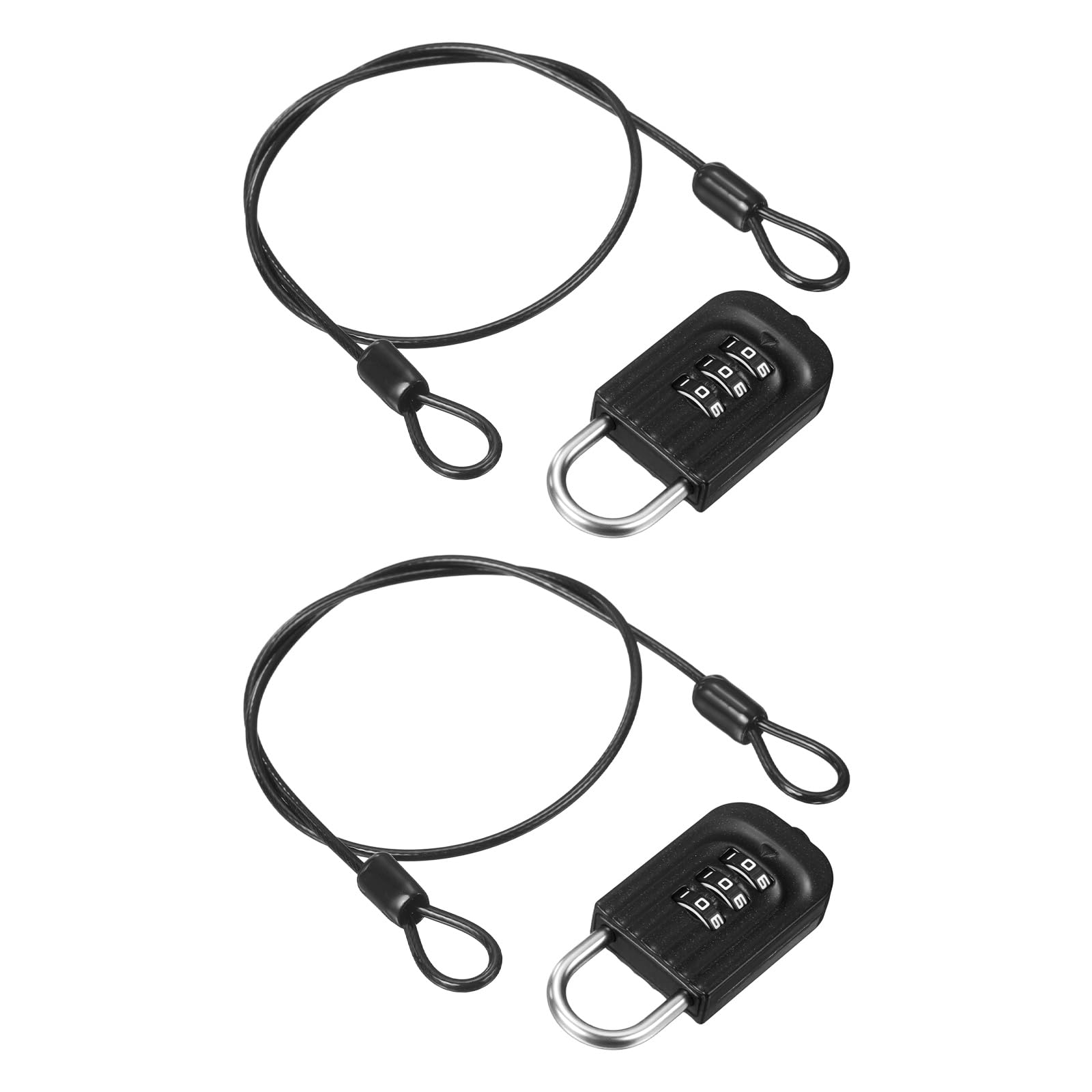 PATIKIL Security Cable with 3Digit Combination Lock, (0.5 Meter x 2.5mm, Black)(2Pcs), Braided Stainless Steel Safety Cable Wire Rope with Double Loop, Suit for Suitcase/Bicycle/Cabinets