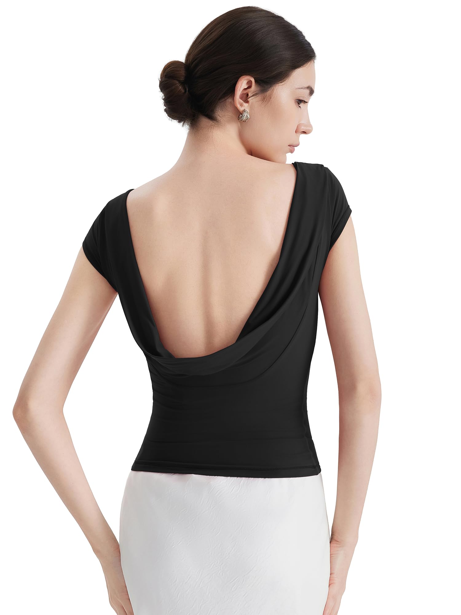 suuksess Women's Boat Neck Backless Vest with Built-in Bra Double Lined Cap Sleeve Top Summer Shirt-picture-36