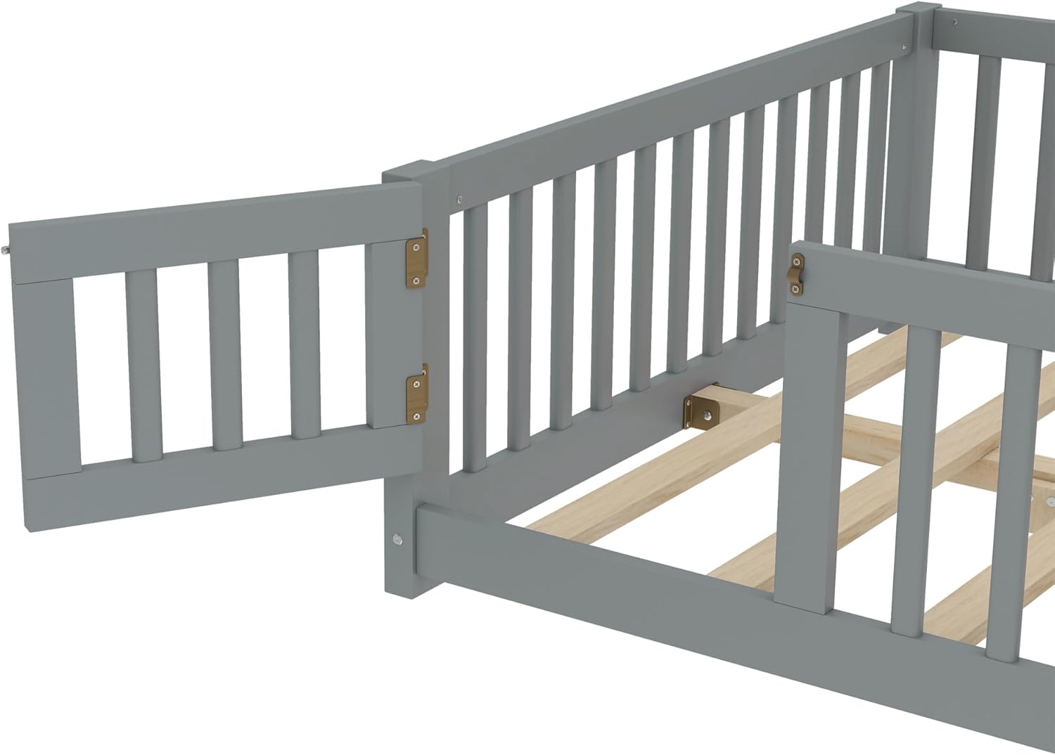 Bellemave Full Size Floor Bed Frame with Slats and Safety Guardrail, Wood Full Size Montessori Floor Bed with Door and Fence, Easy Assemble Montessori Beds for Kids, Girls, Boys, Gray