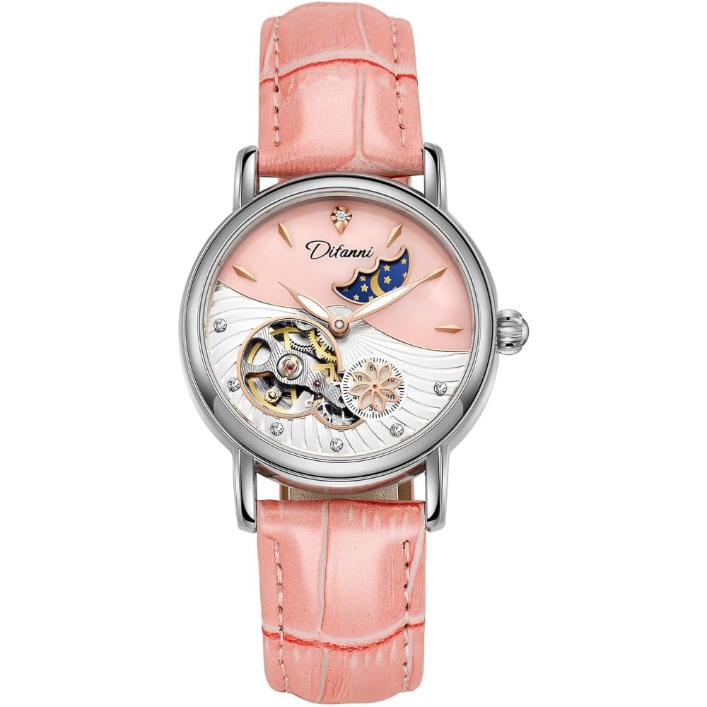 Orologio meccanico automatico da donna, in acciaio inox, quadrante con fasi lunari, cinturino in pelle, impermeabile, orologio da polso