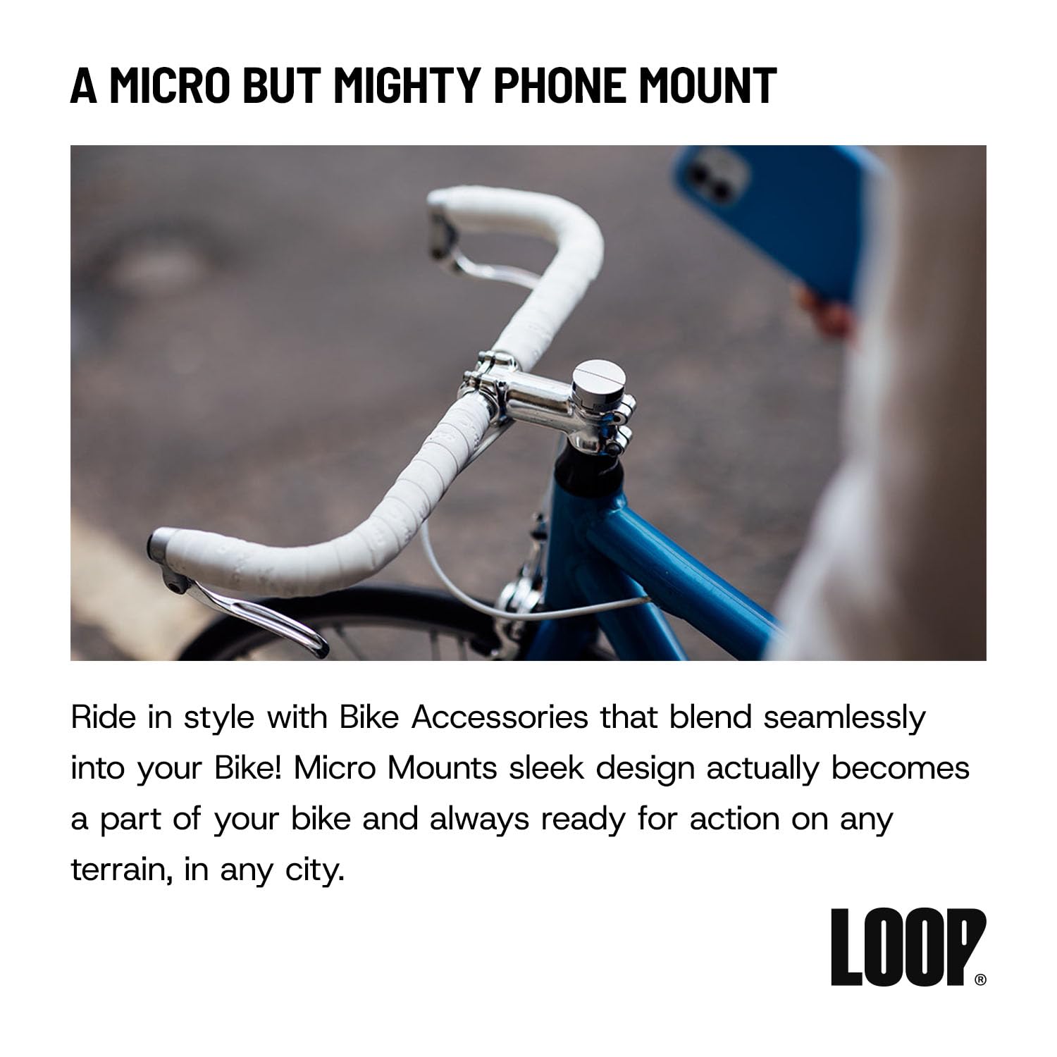 Loop Micro Mount – Supporto per telefono da bicicletta super compatto per iPhone e Samsung – Supporto per attacco manubrio in metallo, facile installazione, misura universale, integrazione senza